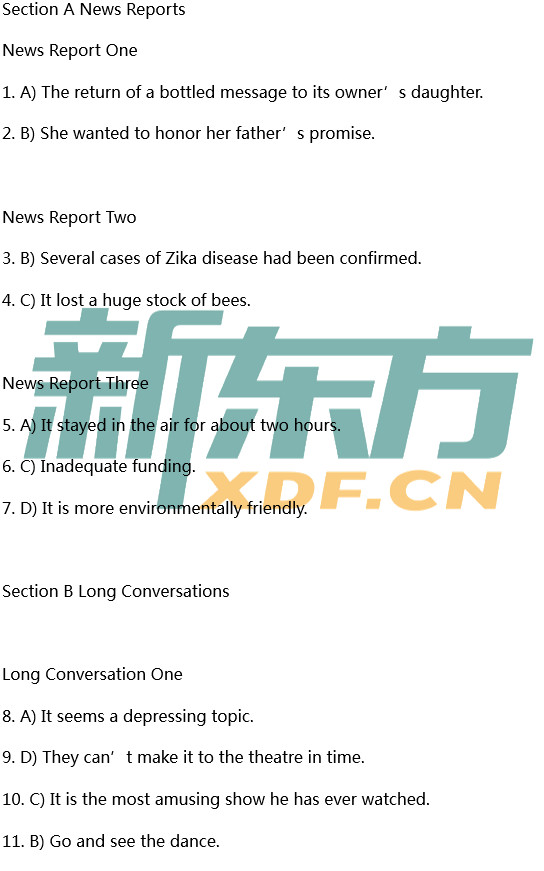 2018年6月大学英语四级考试听力真题第一套试题及答案解析(新东方版）