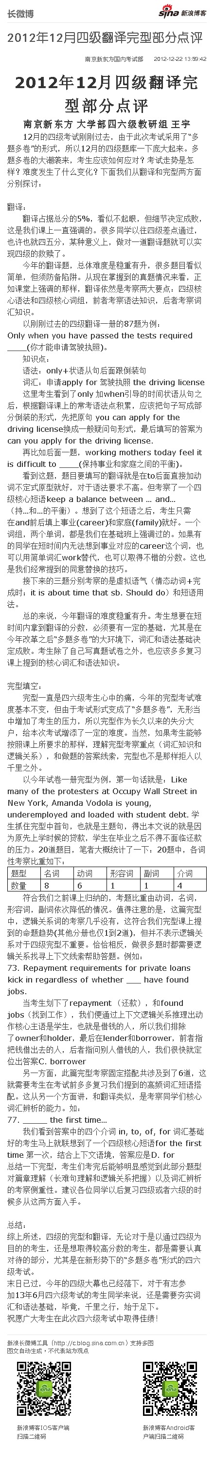 2012年12月四级考试翻译/完型真题点评（新东方）