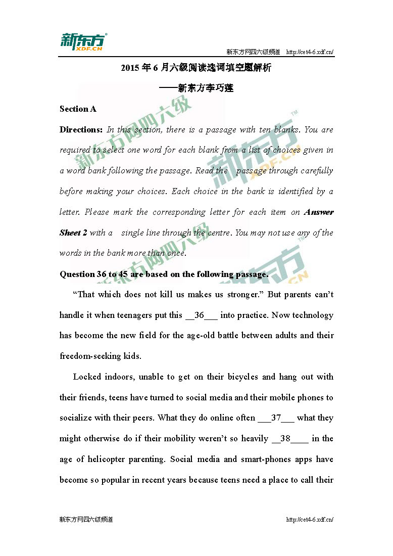 2015年6月<a href=http://www.cetclub.com/cet6beikaoziliao/cet6yueduziliao/ target=_blank class=infotextkey>六级阅读</a>选词填空题解析（兰州新东方）