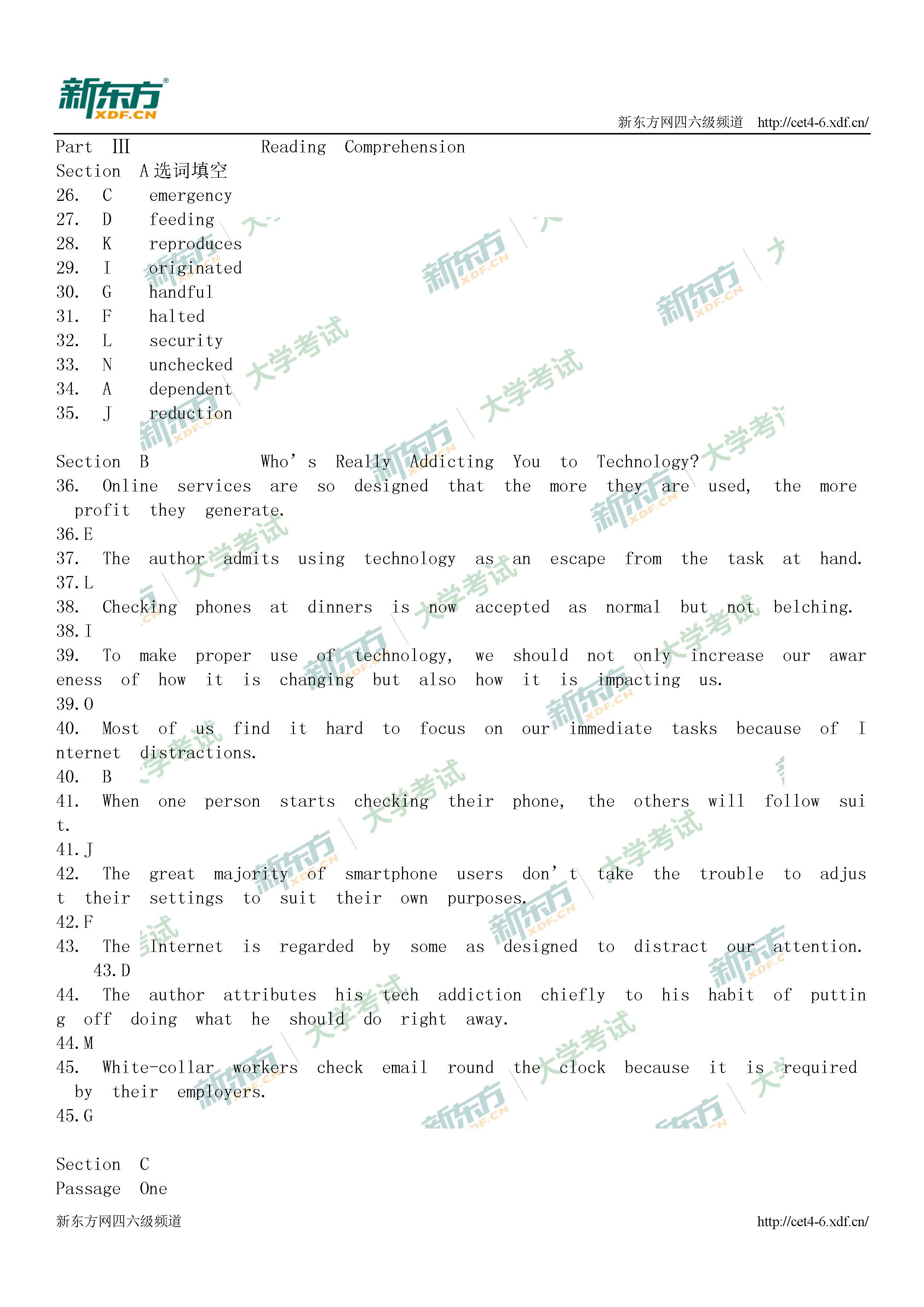2017年12月英语<a href=http://www.cetclub.com/cet6beikaoziliao/cet6yueduziliao/ target=_blank class=infotextkey>六级阅读</a>理解真题答案完整版（新东方版）