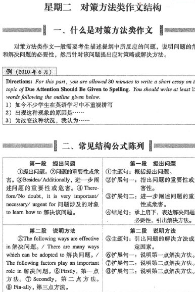 英语<a href=http://www.cetclub.com/cet4beikaoziliao/cet4xiezuoziliao/ target=_blank class=infotextkey>四级写作</a>计划第一周:对策方法类作文结构(day 2)
