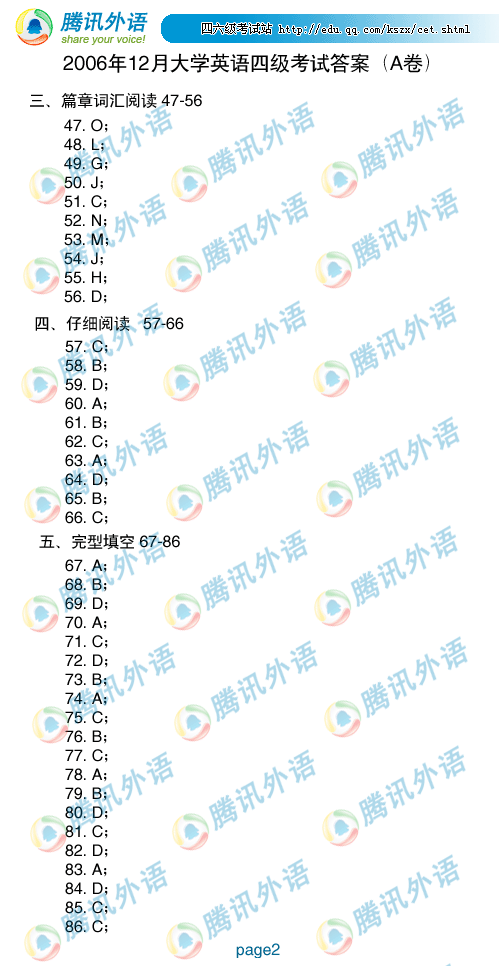 江涛英语版：12月英语四级考试答案
